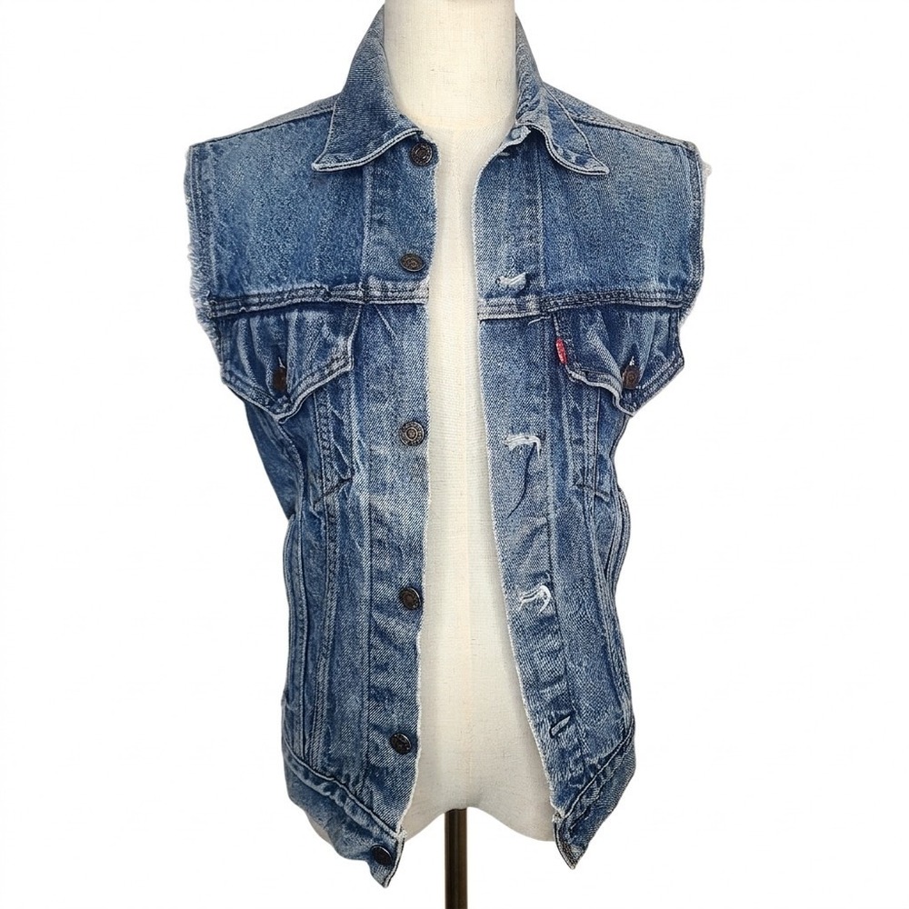Vintage Levis 70506 Denim Vest Cutoff‎ Sleeves Trucker Jacket Size 32 USA Unisex